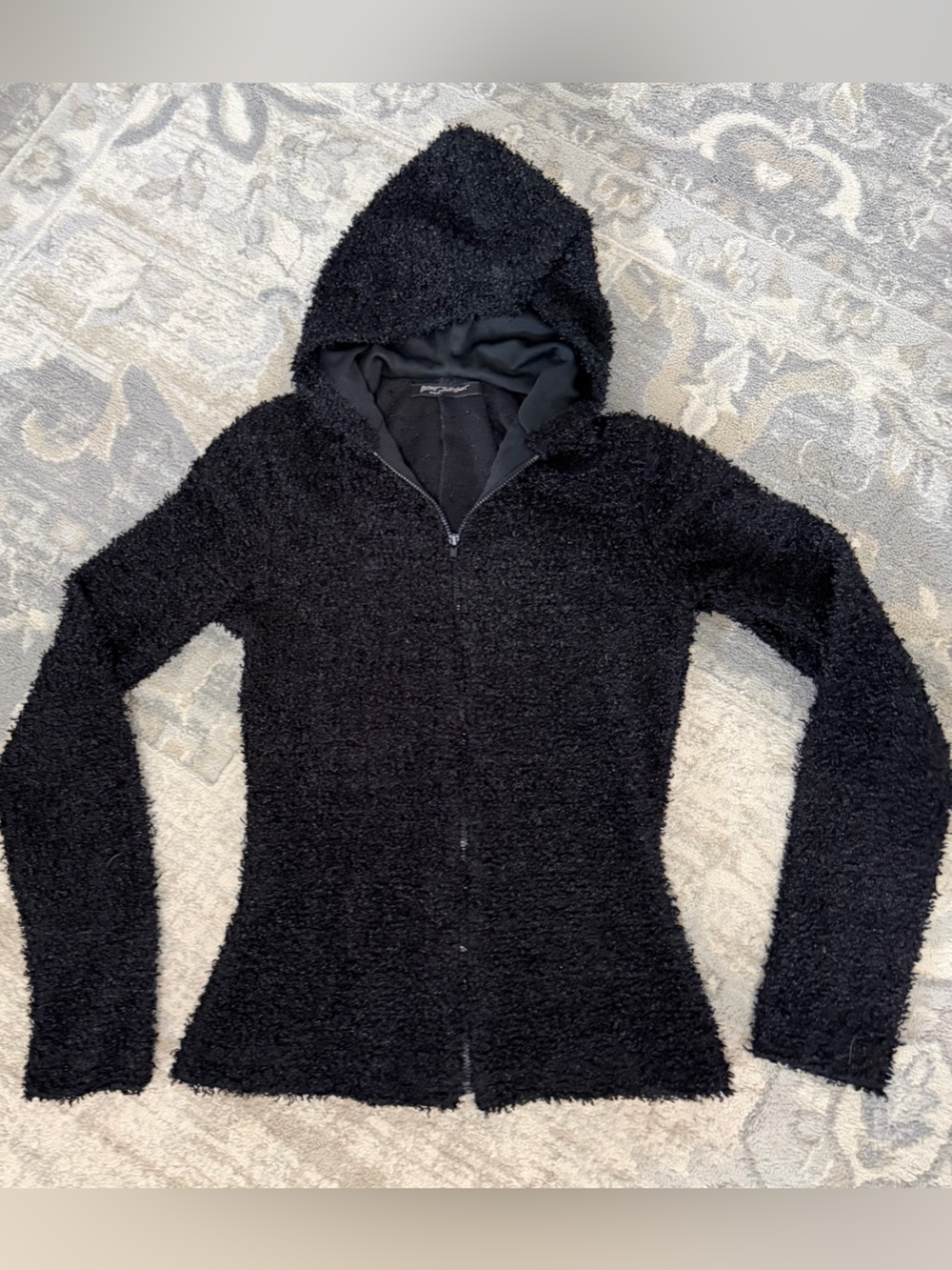 Betsey Johnson Fuzzy Black Textured Hooded Zip Sweater